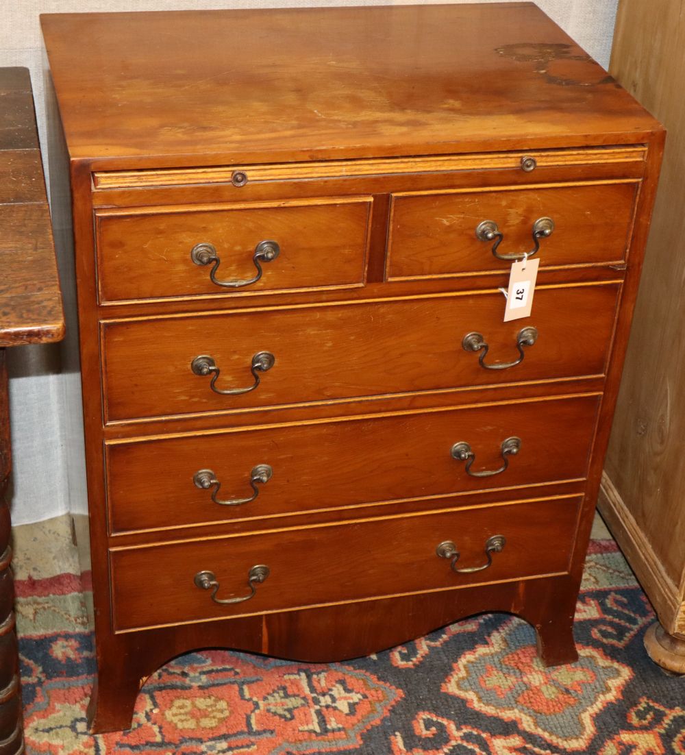 A small reproduction yew wood chest fitted brushing slide and five drawers, W.60cm, D.40cm, H.75cm